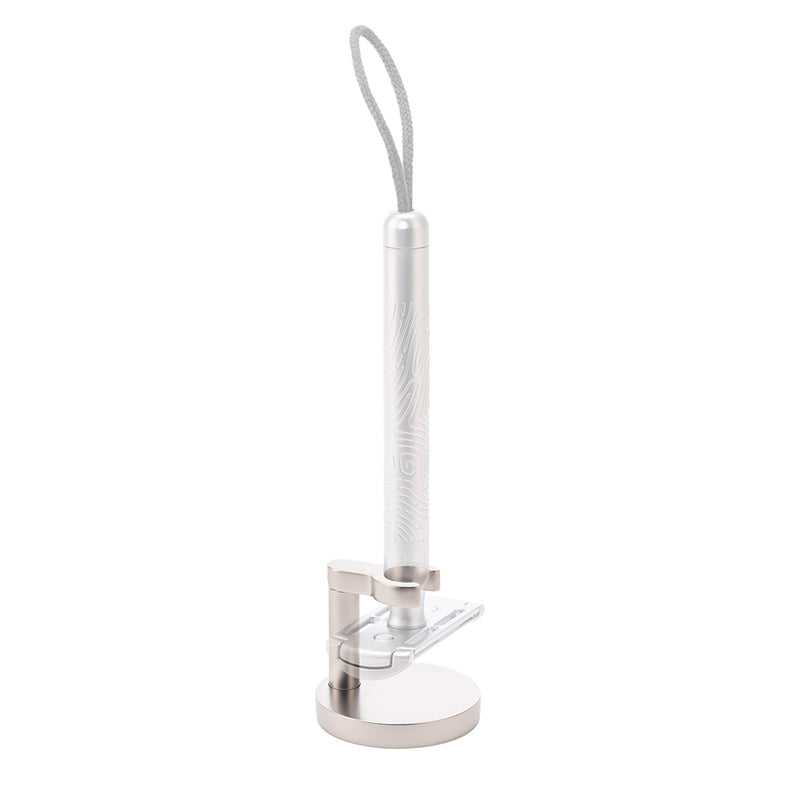 MÜHLE Matt Silver Stand for COMPANION Series Safety Razors, with COMPANION example.