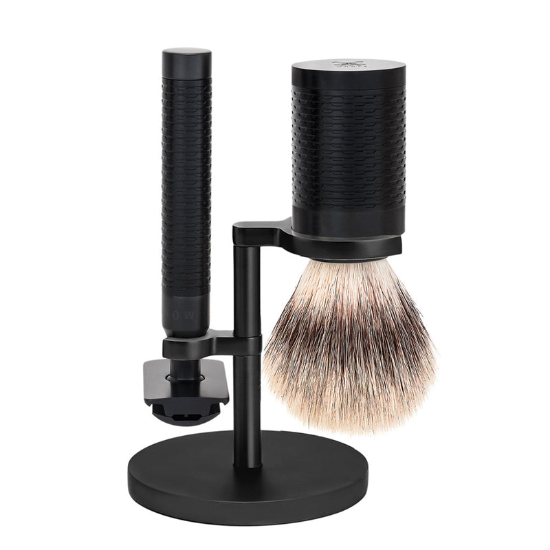 MÜHLE ROCCA Jet Black Stainless Steel Silvertip Fibre Brush and Safety Razor Shaving Set