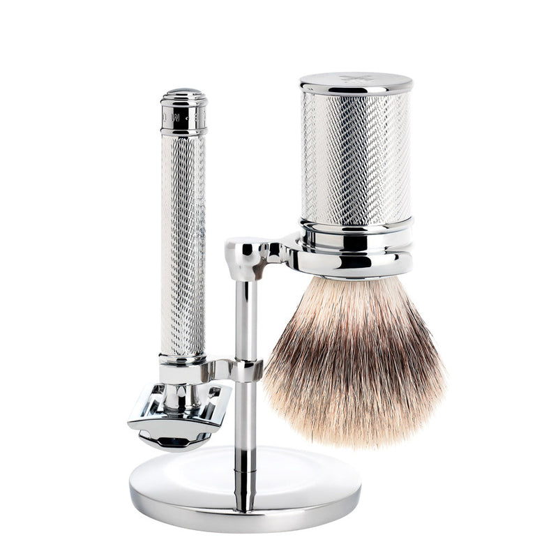 MÜHLE TRADITIONAL Chrome Silvertip Fibre Brush and Safety Razor Shaving Set