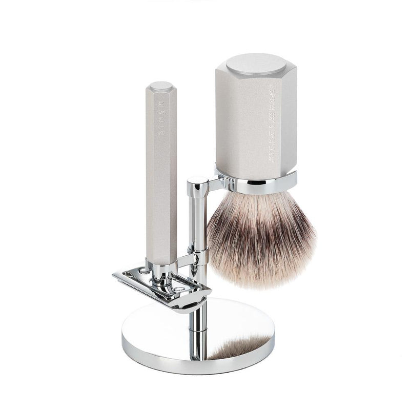 MÜHLE Hexagon 3-Piece Shaving Set in Silver Incl. Safety Razor & Vegan Brush